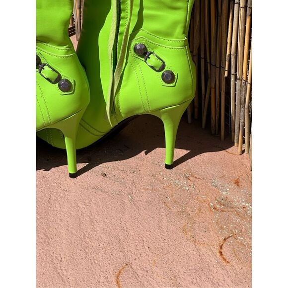 Women's Lime Green Stiletto High Heel Over Calf Boots with Tassel Pointy Toe Stu - Picture 3 of 9